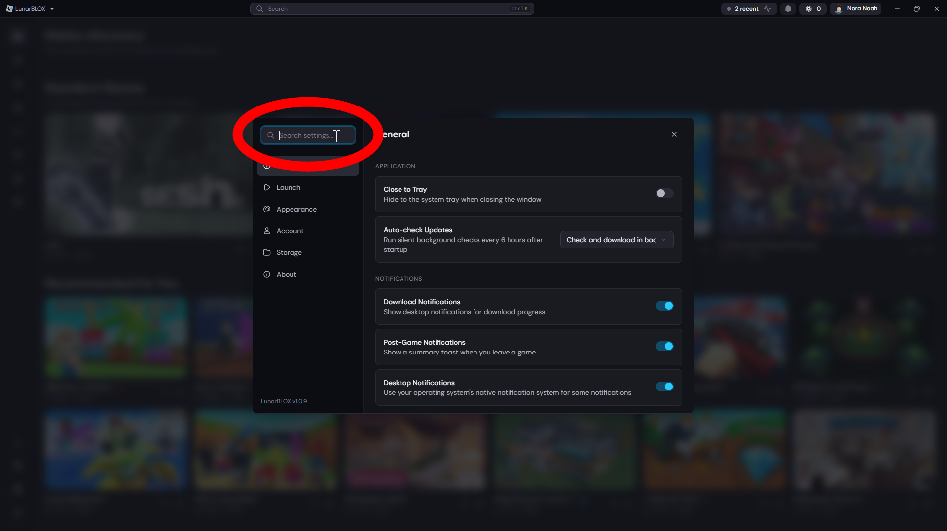 Location of the search bar in the settings menu