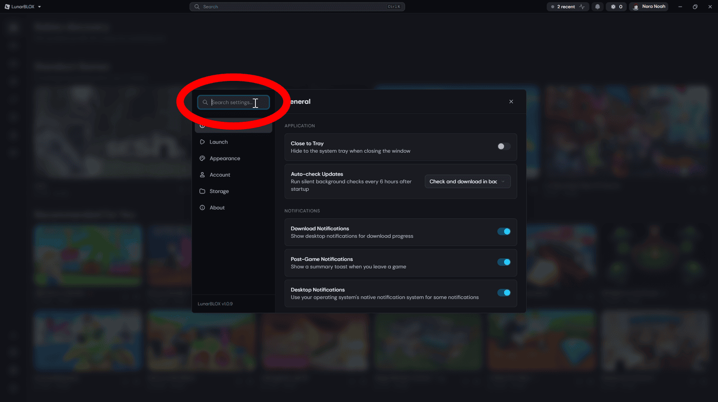 Location of the search bar in the settings menu