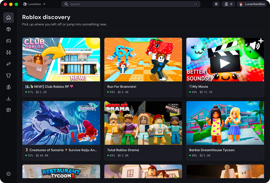 The LunarBLOX desktop app showing Roblox discovery