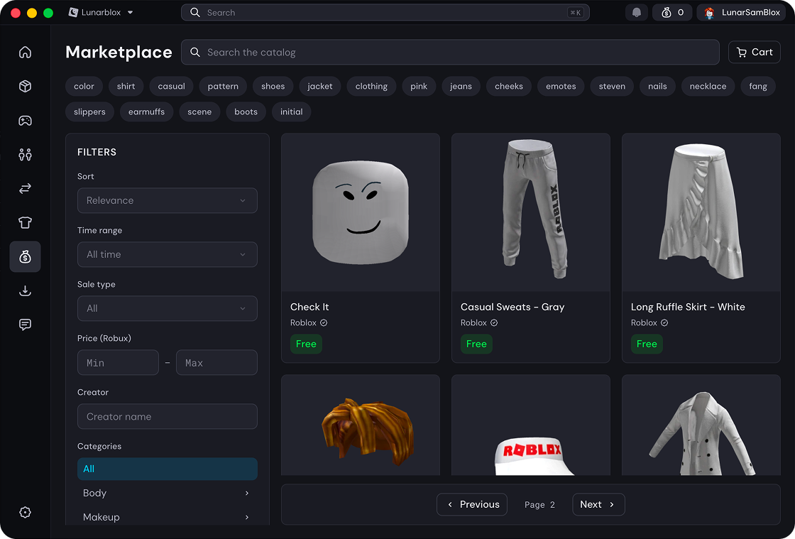 The LunarBLOX in-app marketplace and catalog
