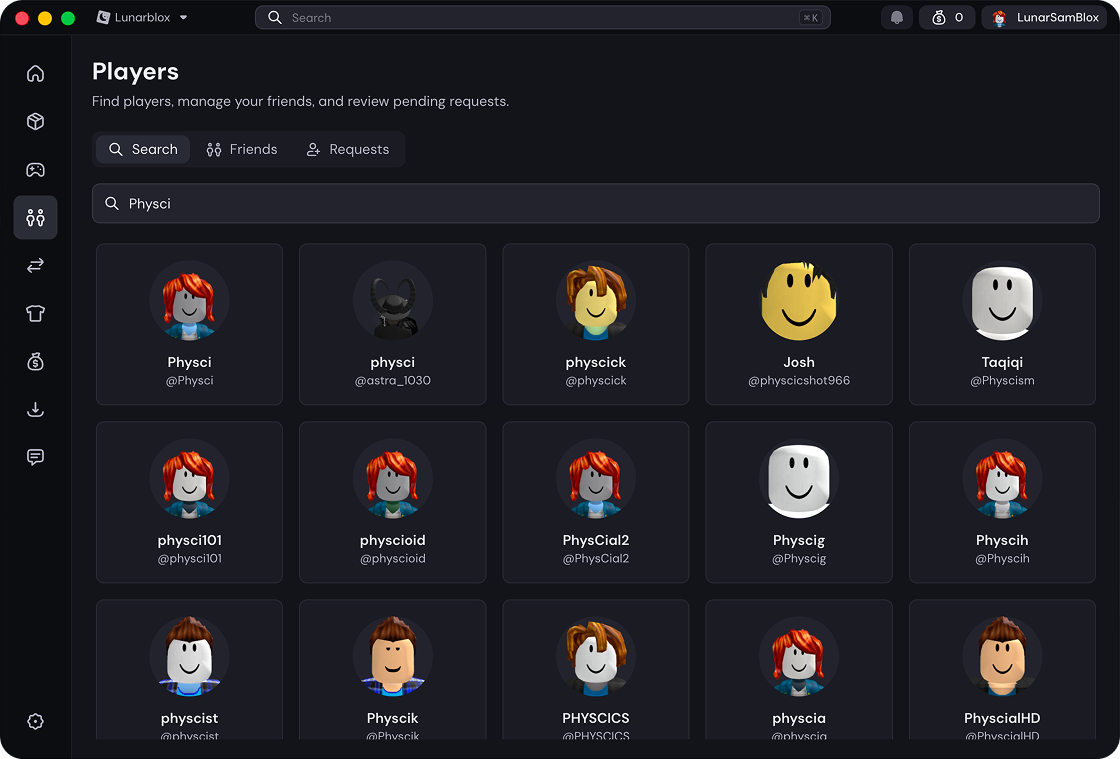 The LunarBLOX multi-account players view